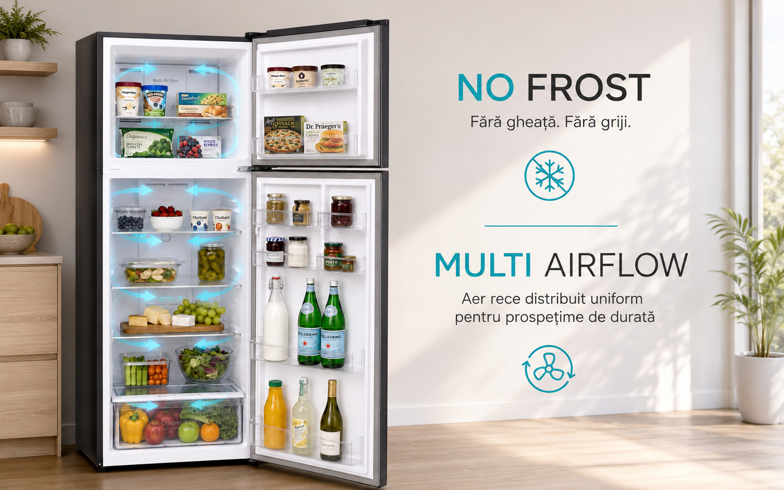 Frigider LDK LF-465NFDS cu No Frost si Multi AirFlow Frigider cu doua usi LDK LF-465NFDS, Capacitate 465 l, No Frost, Multi AirFlow, Crisper Box, Termostat ajustabil, H 186 cm, Clasa E, Dark Inox