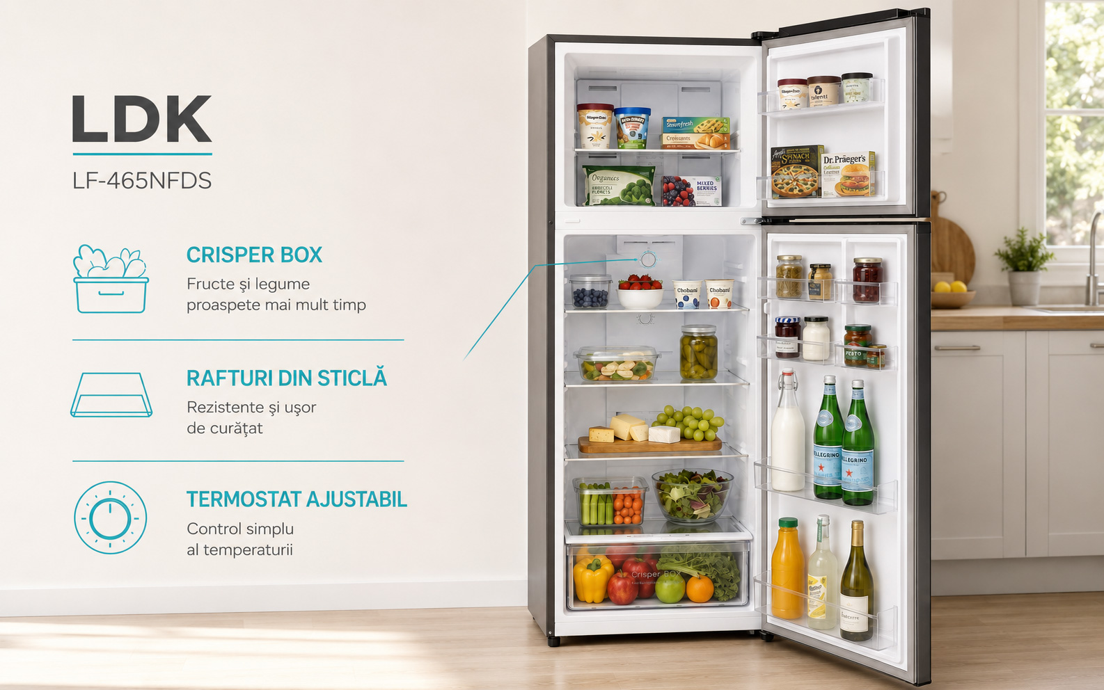Frigider LDK LF-465NFDS cu Crisper Box, rafturi din sticla si termostat ajustabil Frigider cu doua usi LDK LF-465NFDS, Capacitate 465 l, No Frost, Multi AirFlow, Crisper Box, Termostat ajustabil, H 186 cm, Clasa E, Dark Inox