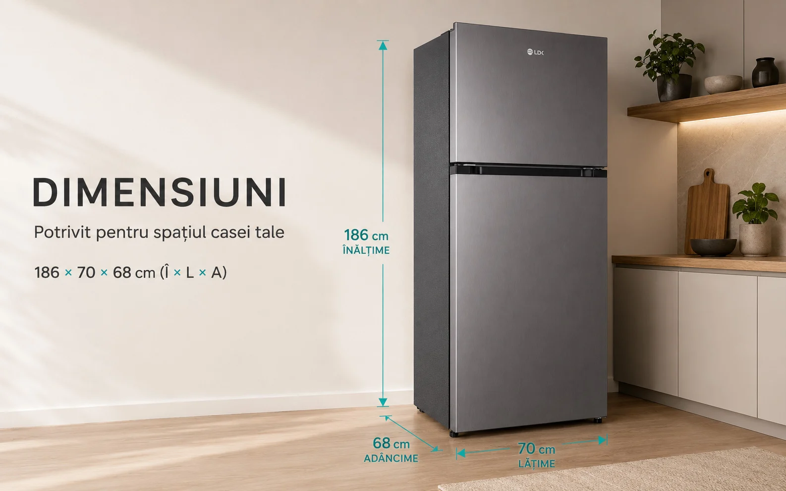 Dimensiuni frigider LDK LF-465NFDS: 186 x 70 x 68 cm Frigider cu doua usi LDK LF-465NFDS, Capacitate 465 l, No Frost, Multi AirFlow, Crisper Box, Termostat ajustabil, H 186 cm, Clasa E, Dark Inox