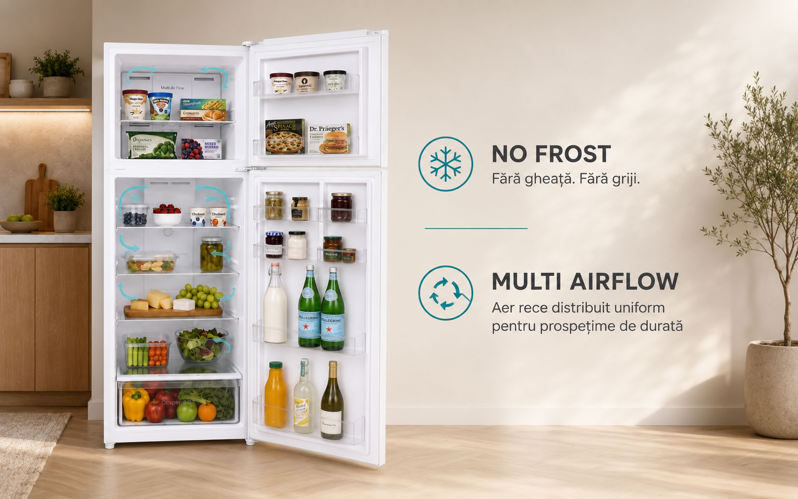 Frigider cu doua usi LDK LF-465NFDW, Capacitate 465 l, No Frost, Multi AirFlow, Crisper Box, Termostat ajustabil, H 186 cm, Clasa E, Alb
