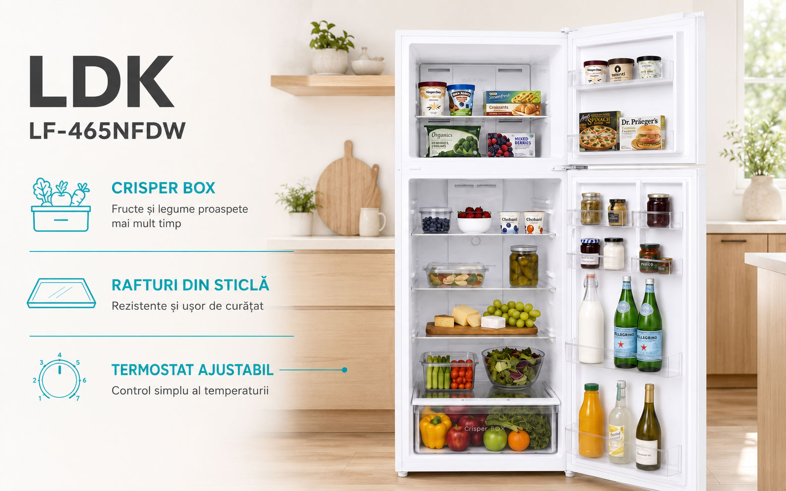 Frigider cu doua usi LDK LF-465NFDW, Capacitate 465 l, No Frost, Multi AirFlow, Crisper Box, Termostat ajustabil, H 186 cm, Clasa E, Alb