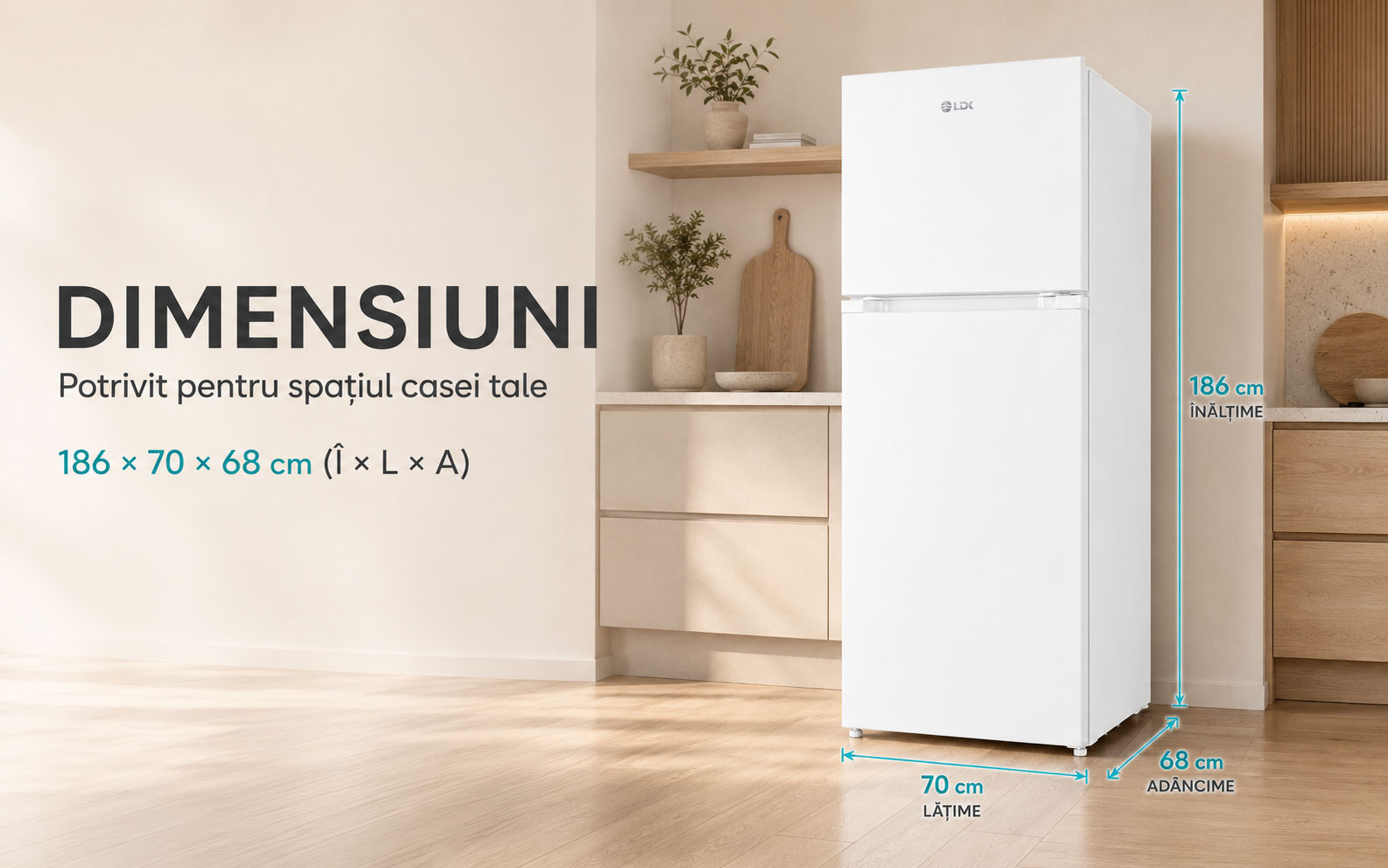 Frigider cu doua usi LDK LF-465NFDW, Capacitate 465 l, No Frost, Multi AirFlow, Crisper Box, Termostat ajustabil, H 186 cm, Clasa E, Alb