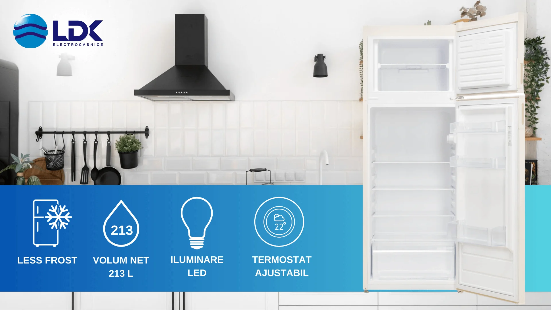 Frigider cu doua usi LDK LF-220EB, Capacitate 213 l, Less Frost, Termostat ajustabil, Iluminare LED, H 144 cm, Bej