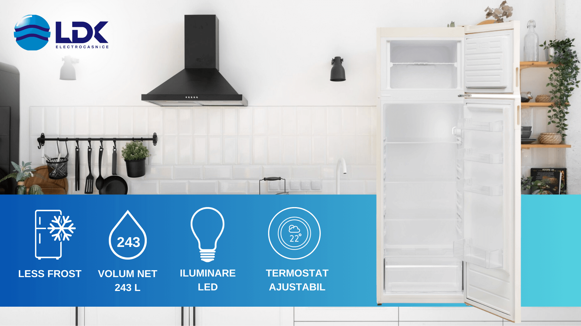 Frigider cu doua usi LDK LF-260EB, Capacitate 243 l, Less Frost, Termostat ajustabil, Iluminare LED, H 145 cm, Bej