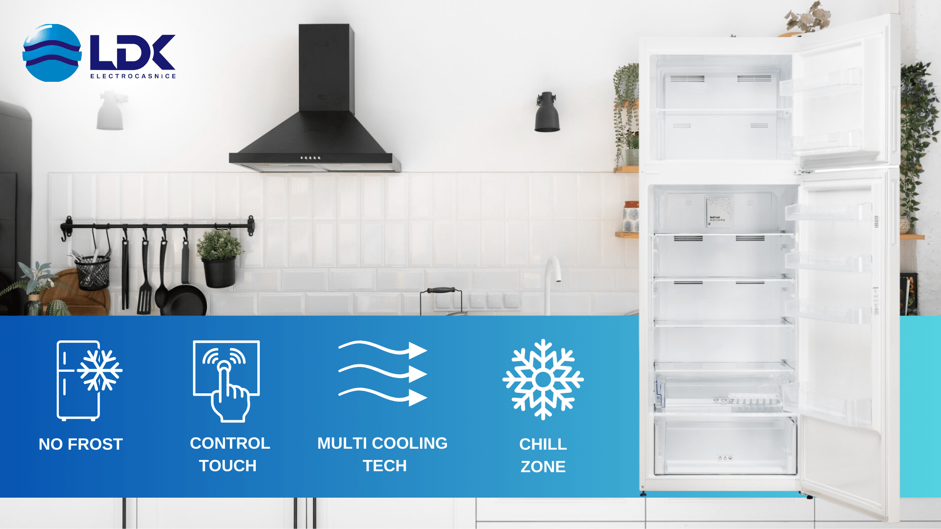 Frigider cu doua usi LDK LF-451NFW, Capacitate 451 l, No Frost, Multi Cooling Tech, Display Touch Control, Chill Zone, Iluminare LED, H 186 cm, Alb