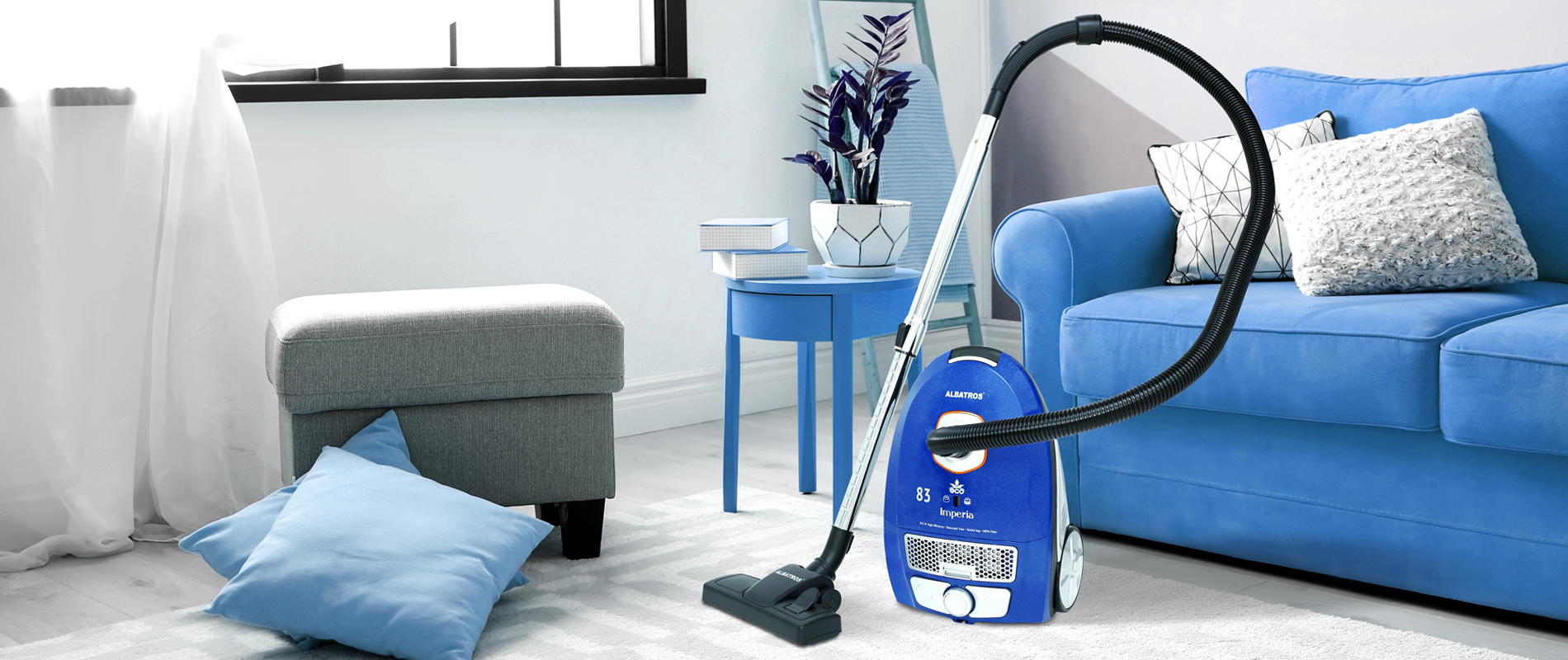 Aspirator Albatros Imperia 83 Eco, Putere 833 W, Sac textil 3.5 l, Filtru HEPA, Albastru