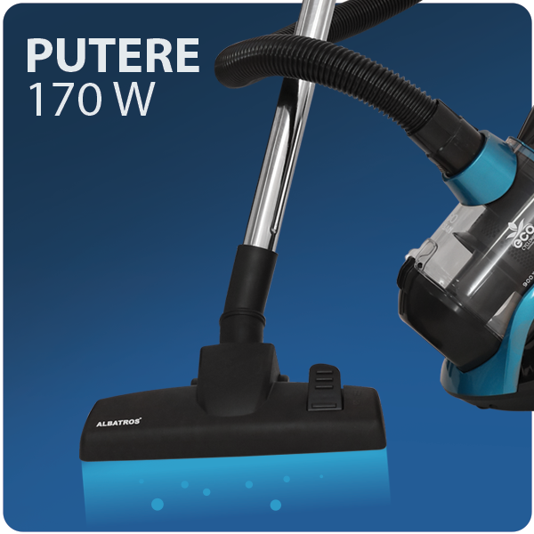 Aspirator fara sac Albatros Urban 90 Eco, Putere 900 W, Filtru HEPA, Recipient 2 L, Negru/Turcoaz