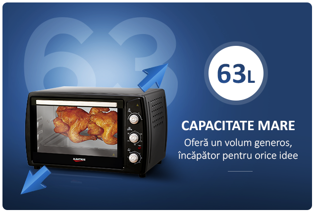 Cuptor electric Albatros A63BRC2, Capacitate 63 L, Putere 2200 W, Rotisor, 230°C, 6 functii, Negru