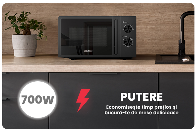 Cuptor mecanic cu microunde Albatros MWA-20MB4, Capacitate 20L, Putere 700 W, 5 Nivele de incalzire, Negru
