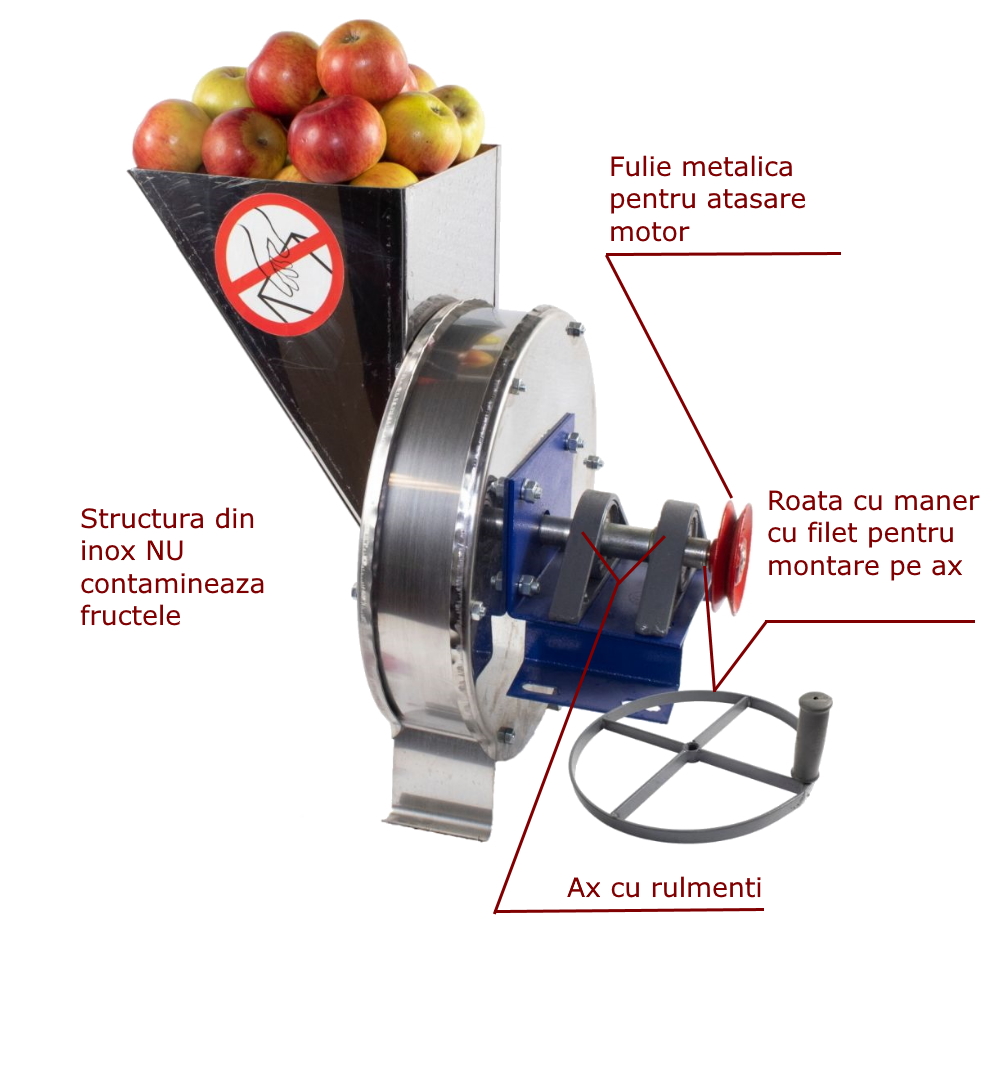 Razatoare fructe INOX Vinita manuala + fulie atasare motor Tambur+cuva inox
