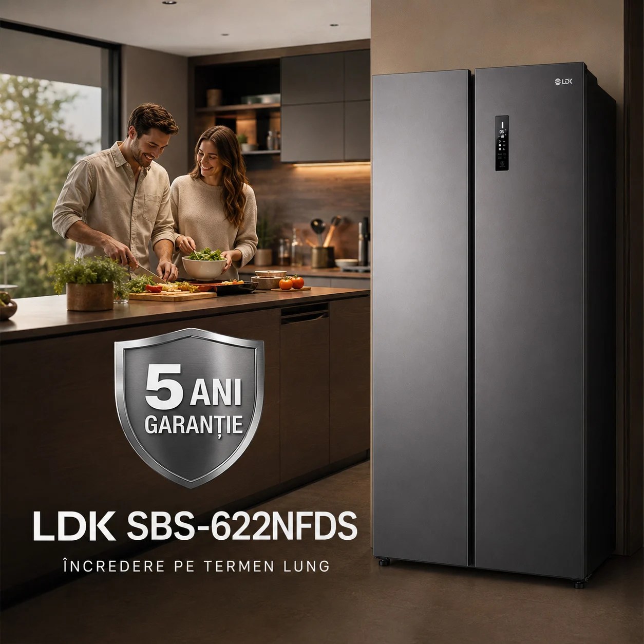 Side by Side LDK SBS-622NFDS, Clasa E, Capacitate 622 l, No Frost, Display Control Touch, Racire rapida, Congelare rapida, H 181 cm, Dark Inox