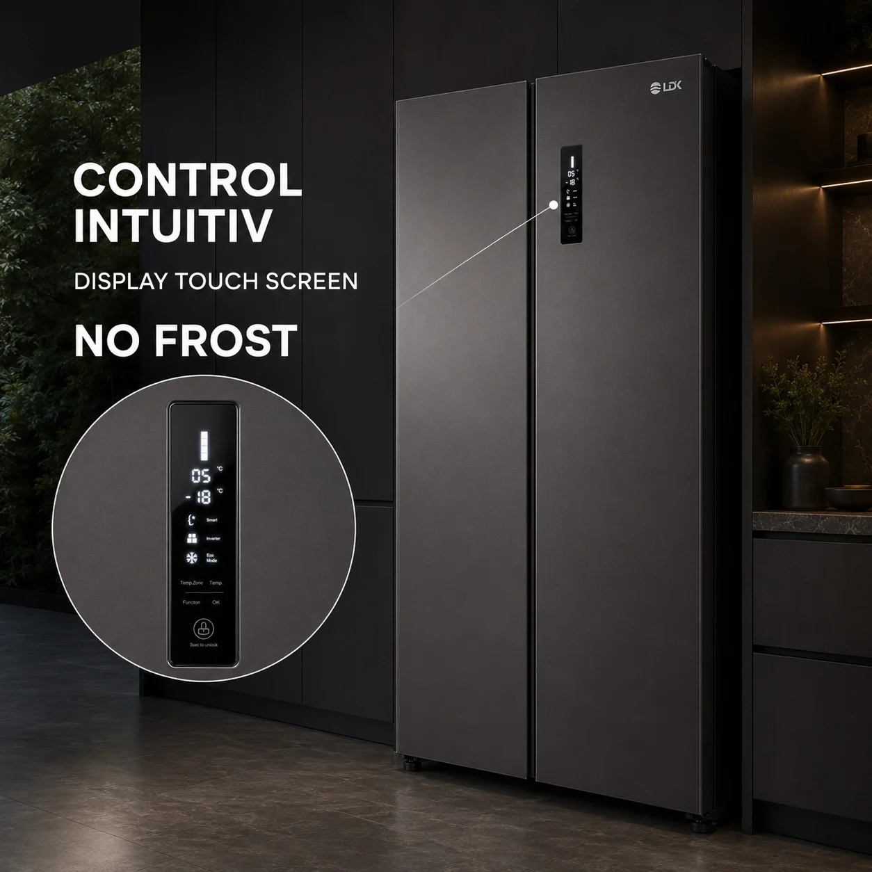 Side by Side LDK SBS-622NFDS, Clasa E, Capacitate 622 l, No Frost, Display Control Touch, Racire rapida, Congelare rapida, H 181 cm, Dark Inox