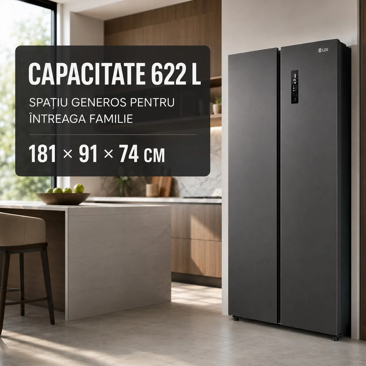 Side by Side LDK SBS-622NFDS, Clasa E, Capacitate 622 l, No Frost, Display Control Touch, Racire rapida, Congelare rapida, H 181 cm, Dark Inox