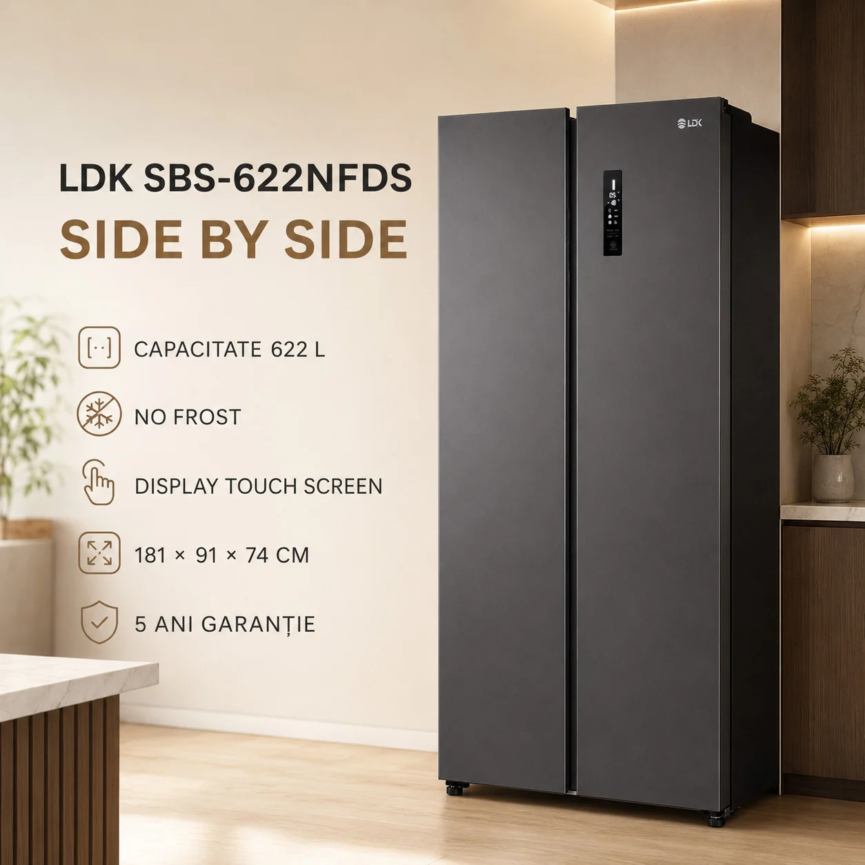 Side by Side LDK SBS-622NFDS, Clasa E, Capacitate 622 l, No Frost, Display Control Touch, Racire rapida, Congelare rapida, H 181 cm, Dark Inox