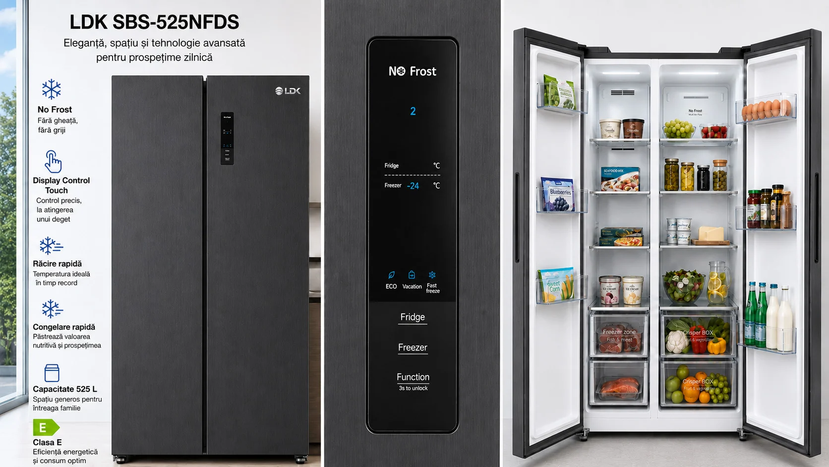 Side by Side LDK SBS-525NFDS, Clasa E, Capacitate 525 l, No Frost, Display Control Touch, Racire rapida, Congelare rapida, H 176 cm, Dark Inox