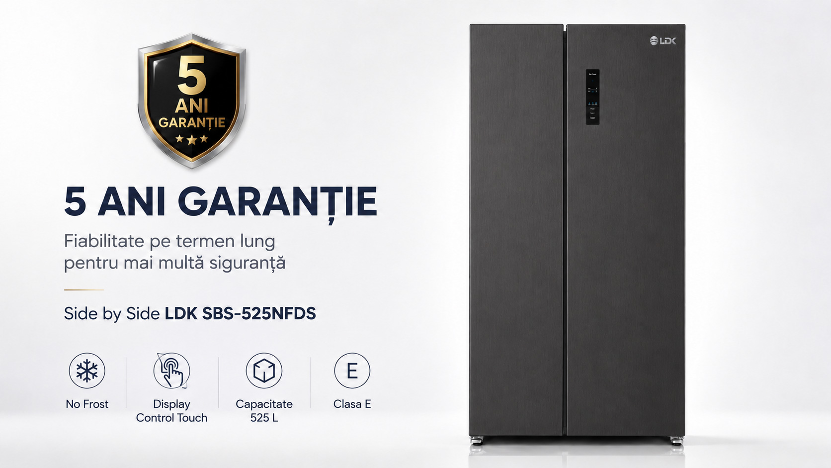 Side by Side LDK SBS-525NFDS, Clasa E, Capacitate 525 l, No Frost, Display Control Touch, Racire rapida, Congelare rapida, H 176 cm, Dark Inox