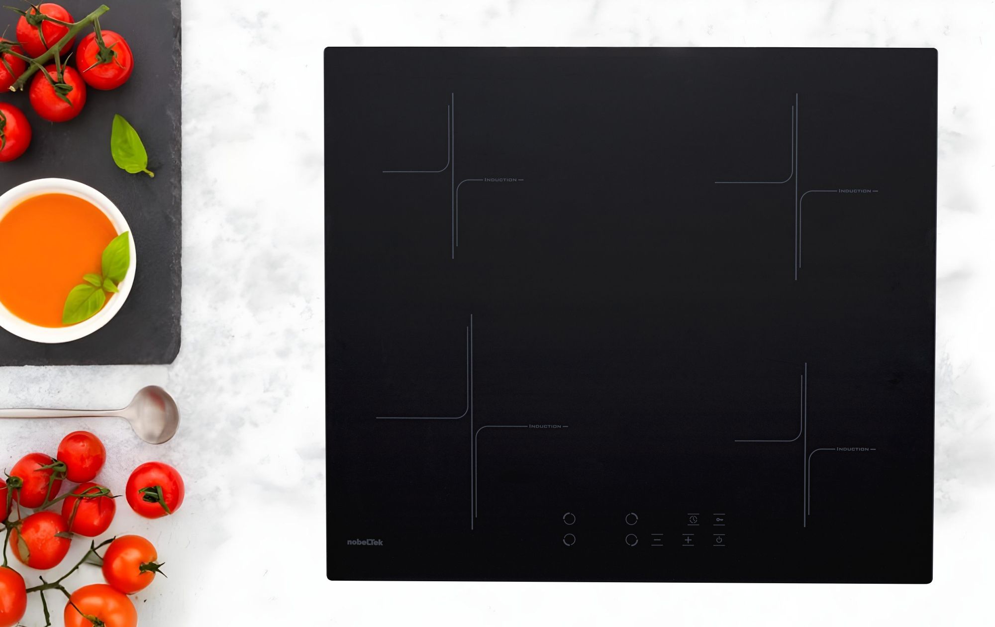 Plita inductie incorporabila NobelTek NHI-85604B, 60 cm, control touch, 4 arzatoare, detectare vase de gatit, timer, 9 trepte de putere, indicator caldura reziduala, child lock, Negru