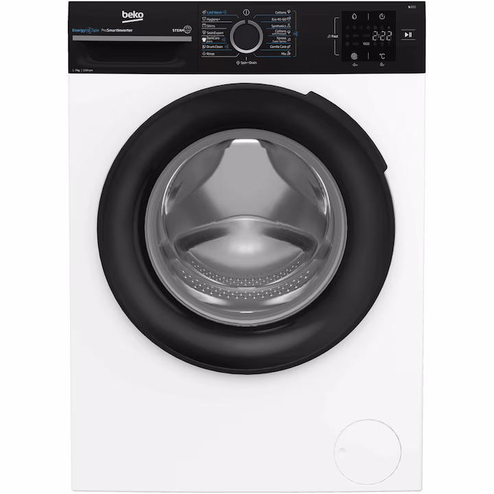 Marelvi - Masina de spalat rufe Beko, 7kg, 1200rpm, Clasa A, 15 programe, SteamCure, EnergySpin, Motor ProSmart Inverter, hublou si panou comanda negru, alb