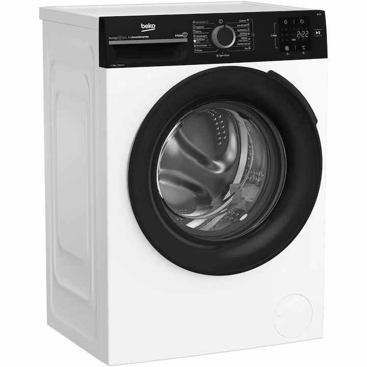 Masina de spalat rufe Beko, 7kg, 1200rpm, Clasa A, 15 programe, SteamCure, EnergySpin, Motor ProSmart Inverter, hublou si panou comanda negru, alb [1]
