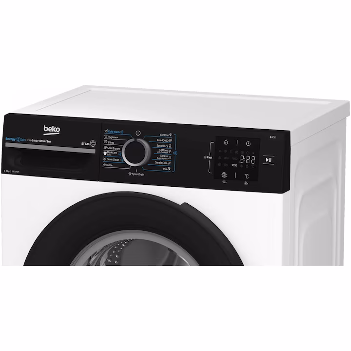 Masina de spalat rufe Beko, 7kg, 1200rpm, Clasa A, 15 programe, SteamCure, EnergySpin, Motor ProSmart Inverter, hublou si panou comanda negru, alb [2]