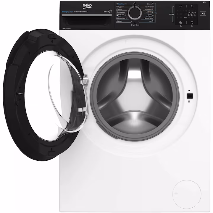 Masina de spalat rufe Beko, 7kg, 1200rpm, Clasa A, 15 programe, SteamCure, EnergySpin, Motor ProSmart Inverter, hublou si panou comanda negru, alb [3]