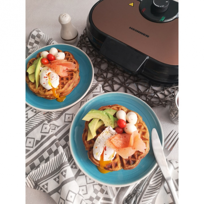 Aparat de facut gofre Heinner Copper Crown HWF-1000CR, 1000W, placi cu invelis antiaderent, plite gofre: 13.97 cm, Negru/aramiu [2]