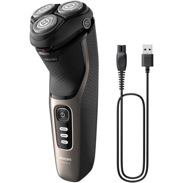 Aparat de ras Philips Shaver Seria 3000 S3242/12, barbierit umed şi uscat, fara fir, capete 5D pivotante si flexibile, lame autoascutire, 60 min, capac de protectie, Auriu cenusiu [3]