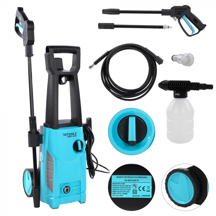 PACHET - Aparat de spalat cu presiune DETOOLZ, presiune 135 bari, putere 1600 W, debit maxim 6.8 l/min, DZ-CI108 + Furtun gradina BLUEBOS PLUS 1/2" (14 mm) 20m, set duze de conectare [3]