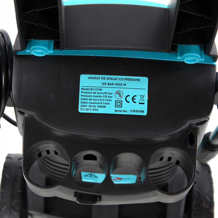 PACHET - Aparat de spalat cu presiune DETOOLZ, presiune 135 bari, putere 1600 W, debit maxim 6.8 l/min, DZ-CI108 + Furtun gradina BLUEBOS PLUS 1/2" (14 mm) 20m, set duze de conectare [23]
