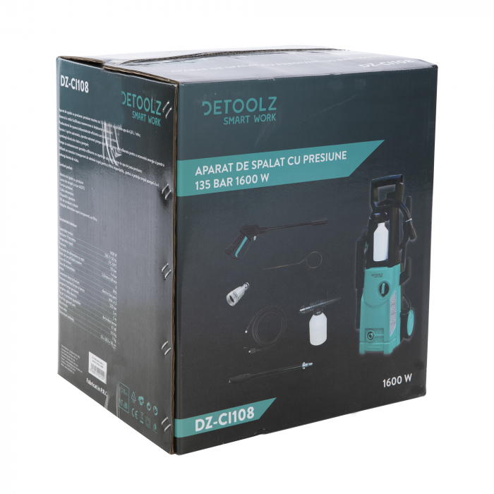 PACHET - Aparat de spalat cu presiune DETOOLZ, presiune 135 bari, putere 1600 W, debit maxim 6.8 l/min, DZ-CI108 + Furtun gradina BLUEBOS PLUS 1/2" (14 mm) 20m, set duze de conectare [15]