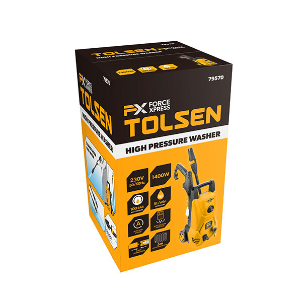PACHET -  Aparat de spalat cu presiune tolsen, putere1400 w, presiune 100 bari, debit 5l / min + Furtun de conectare BLUEBOS PLUS 1/2" (14 mm) 20m, set duze de conectare [6]