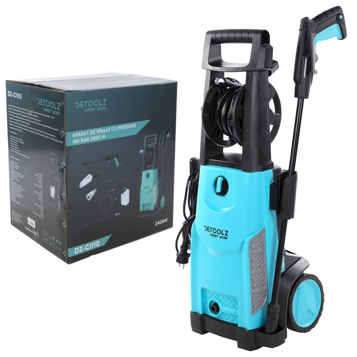 PACHET -  Aparat spalat cu presiune DETOOLZ, presiune 180 bari, putere 2400W, debit 6.8 l/min, DZ-CI110 + Furtun gradina BLUEBOS PLUS 1/2" (14 mm) 20m, set duze de conectare [14]