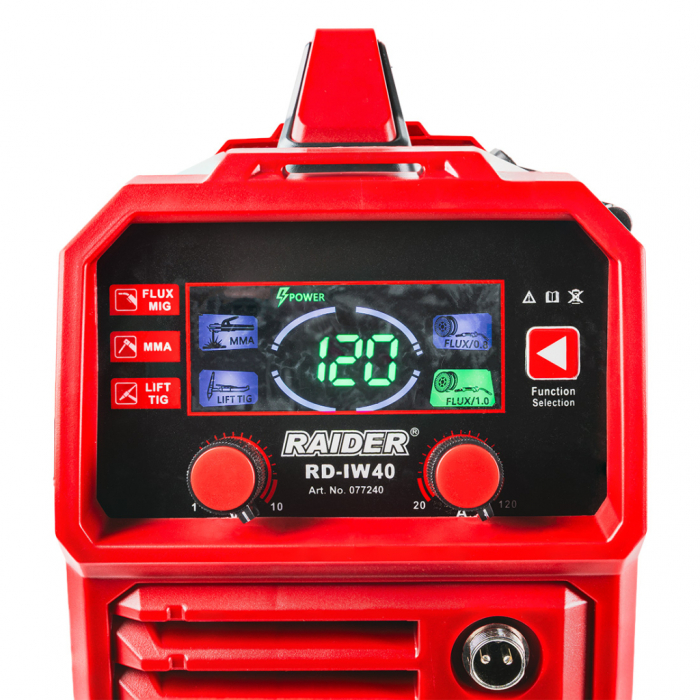 Aparat de sudură Raider RD‑IW40, invertor 2‑în‑1 MIG/MAG (fără gaz) + MMA, 20–120 A [6]