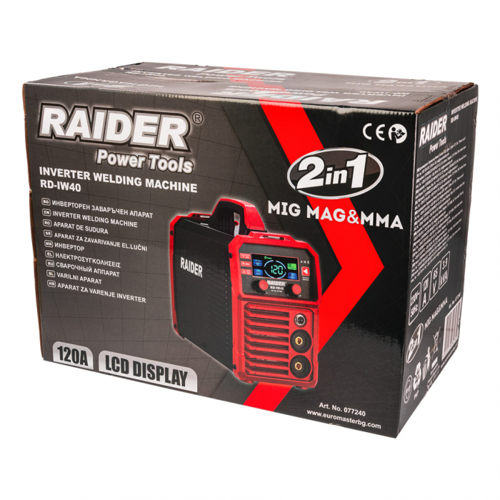 Aparat de sudură Raider RD‑IW40, invertor 2‑în‑1 MIG/MAG (fără gaz) + MMA, 20–120 A [9]