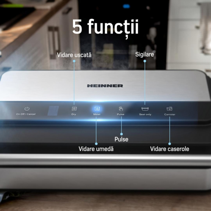 Aparat de Vidat și Sigilat Heinner ProGuard Line HAV-YA15020SS, 150 W, 20 L/min, 0,85 Bar, Pompă Dublă, Display Digital, Control Tactil, Cutter Integrat, Inox/Negru [6]