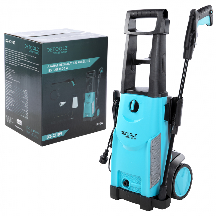 PACHET - Aparat spalat cu presiune DETOOLZ, presiune 135 bari, putere 1800 W, debit 6 l/min, DZ-CI109 + Furtun gradina BLUEBOS PLUS 1/2" (14 mm) 20m, set duze de conectare [9]