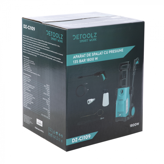 PACHET - Aparat spalat cu presiune DETOOLZ, presiune 135 bari, putere 1800 W, debit 6 l/min, DZ-CI109 + Furtun gradina BLUEBOS PLUS 1/2" (14 mm) 20m, set duze de conectare [7]