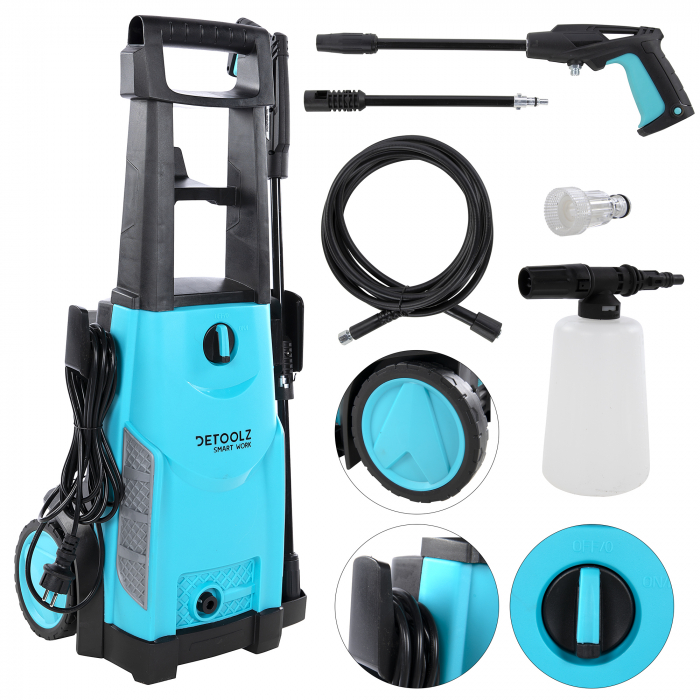 PACHET - Aparat spalat cu presiune DETOOLZ, presiune 135 bari, putere 1800 W, debit 6 l/min, DZ-CI109 + Furtun gradina BLUEBOS PLUS 1/2" (14 mm) 20m, set duze de conectare [2]