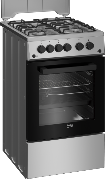 Aragaz Beko, 4 arzatoare cu eficienta ridicata, aprindere electrica plita si cuptor, grill gaz, rotisor, iluminare cuptor, timer mecanic, capac metal, culoare inox+silver [2]