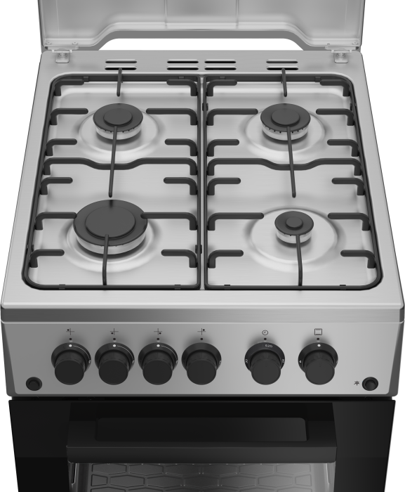 Aragaz Beko, 4 arzatoare cu eficienta ridicata, aprindere electrica plita si cuptor, grill gaz, rotisor, iluminare cuptor, timer mecanic, capac metal, culoare inox+silver [3]