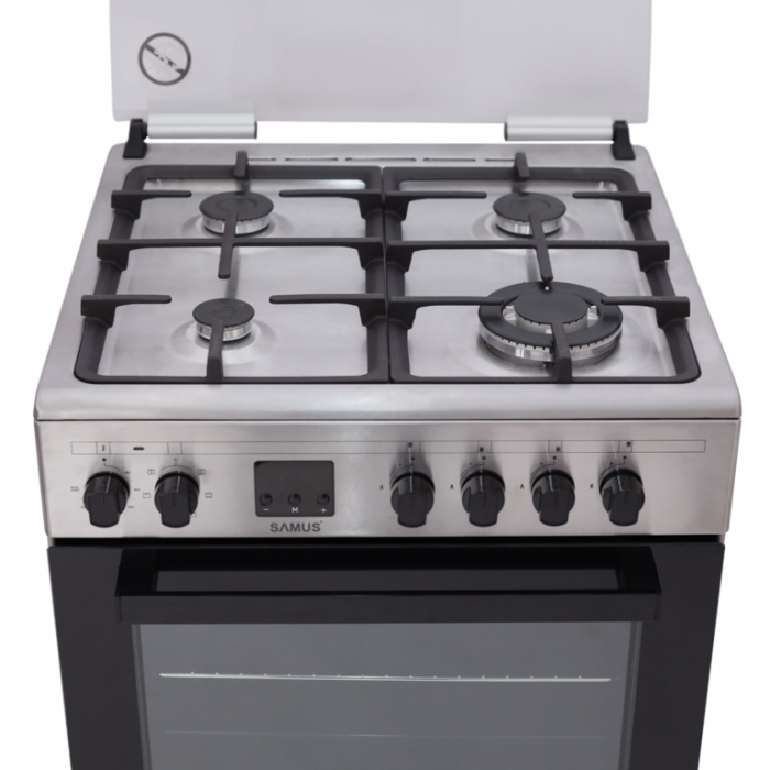 Aragaz electric / gaz Samus SM663AENS Inox, 4 arzatoare pe gaz, 1 arzator Wok, cuptor electric, 7 functii, grill, ventilator, aprindere electrica plita, timer digital, Argintiu [2]