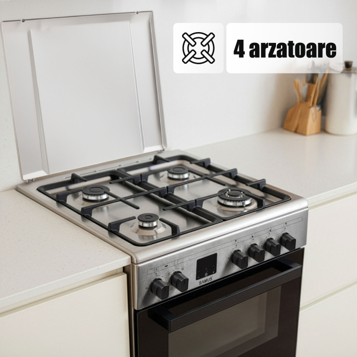 Aragaz electric / gaz Samus SM663AENS Inox, + diuze GPL, 4 arzatoare pe gaz, 1 arzator Wok, cuptor electric, 7 functii, grill, ventilator, aprindere electrica plita, timer digital, Argintiu [9]