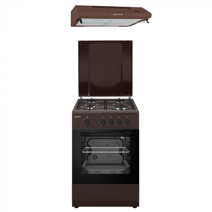 Pachet - Aragaz Heinner HFSC-SME50BRW, Gaz, 4 arzatoare, Dispozitiv siguranta plita si cuptor, 50 cm, Maro + Hota traditionala HEINNER CH-400-BRW [1]