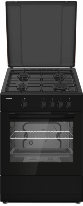 Aragaz HEINNER HFSC-SME66IBK, gaz, 4 arzatoare, Suport email, Capac metalic, Aprindere electrica, Dispozitiv de siguranta plita si cuptor, Usa cuptor cu geam dublu, Duze GPL incluse, Tava si gratar cr [1]