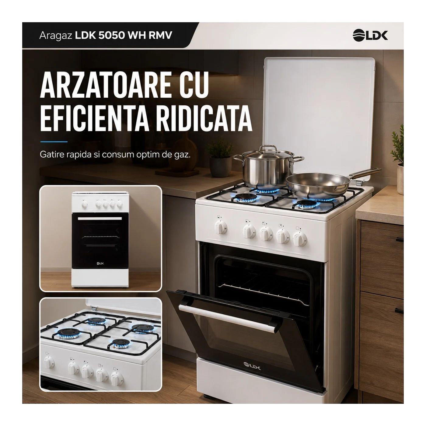 Aragaz LDK 5050 WH RMV, Gaz, 4 Arzătoare, Cuptor pe Gaz 54L, Siguranță Plită și Cuptor, Capac Metalic, Grătare Emailate, 50 x 50 cm, Alb [7]