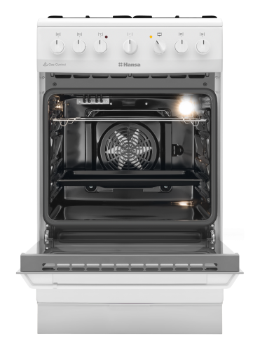 Aragaz mixt Hansa, cuptor electric, 50 cm, 4 arzatoare, programator, 8 functii, grill, ventilator, aprindere electrica, siguranta, capac email, sertar depozitare, 62 L, clasa A, alb [2]