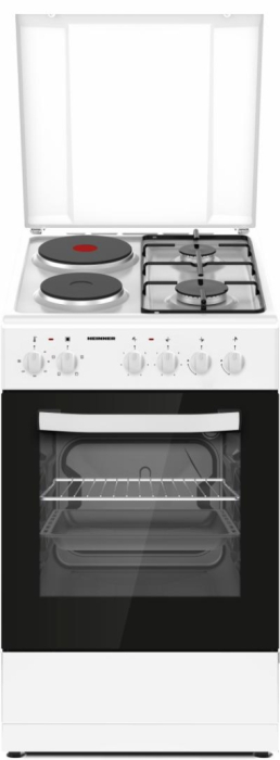 Aragaz mixt Heinner HFSC-S56E2HSWH, 2 arzatoare gaz + 2 plite electrice, aprindere electrica, cuptor electric, clasa A, grill, 50x60 cm, alb [1]