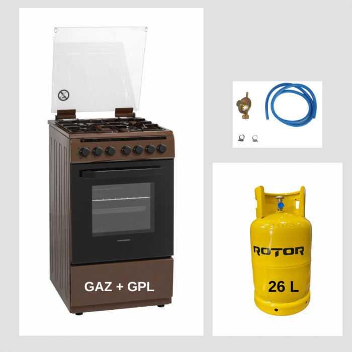 Aragaz Mixt Heinner HFSC-V60LITGC-BRW, 50x60cm, 4 arzatoare, Suport email, Capac sticla, Aprindere electrica plita, Cuptor electric, 6 functii, Timer, Grill, GPL + GAZ, Culoare Maro + Butelie GPL 26 L [1]