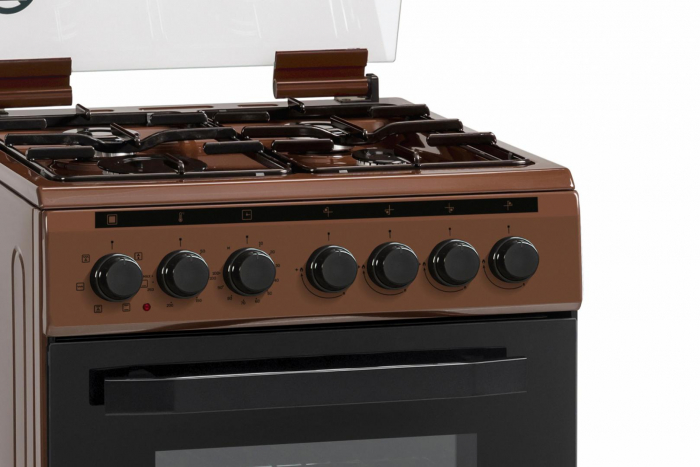 Aragaz Mixt Heinner HFSC-V60LITGC-BRW, 50x60cm, 4 arzatoare, Suport email, Capac sticla, Aprindere electrica plita, Cuptor electric, 6 functii, Timer, Grill, GPL + GAZ, Culoare: Maro [2]