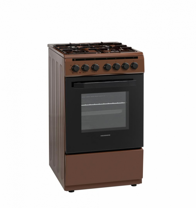 Aragaz Mixt Heinner HFSC-V60LITGC-BRW, 50x60cm, 4 arzatoare, Suport email, Capac sticla, Aprindere electrica plita, Cuptor electric, 6 functii, Timer, Grill, GPL + GAZ, Culoare: Maro [3]